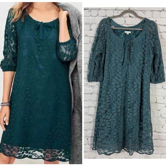 Garnet Hill Bohème Easy Lace Dress in Teal Green Bishop Sleeve 8 - Picture 1 of 15